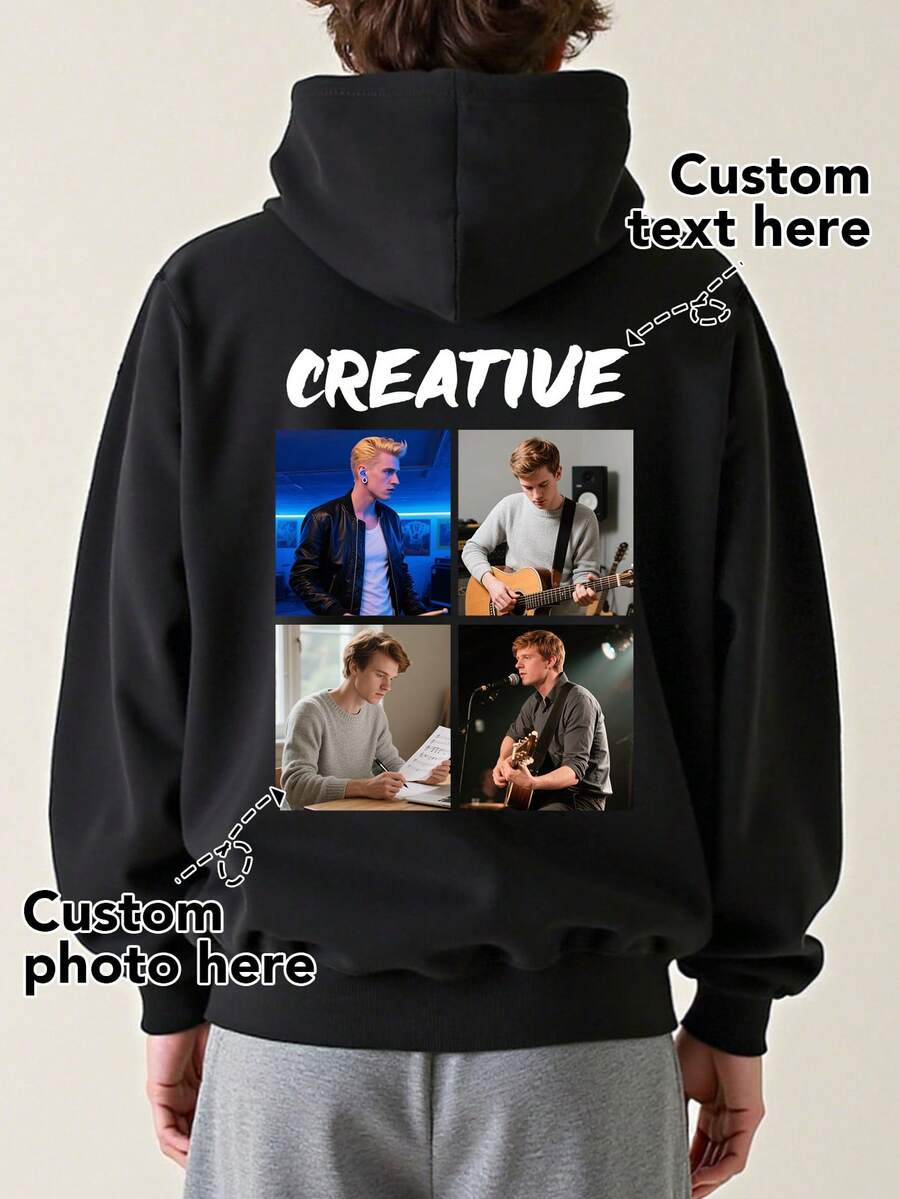 Customized Photo & Text Men's Hoodie Sweatshirt, Personalize With Your Own Photo, Friend/Self/Pet/Landscape/Anime/Lover/Family, Text/Name/Blessing/Holiday/Anniversary, Customized Graphic Text, Birthday/Valentine's Day/Father's Day/Party Anniversary/Birthday Gift, Halloween/Back To School/Christmas Holiday, Fall Winter, Long Sleeve Top - Black - View 1