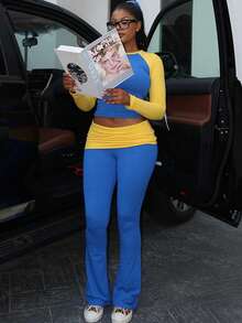 Dwuczęściowy komplet damski z kontrastowym rękawem typu raglan i szerokimi spodniami, wiosna/lato