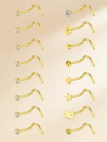 16pcs Funky Stainless Steel Heart Flower Cubic Zirconia Nose Studs For Women For Daily Decoration, 20G Gold Nose Rings Studs Nose Piercing Jewelry Nose Rings 8mm Nose Studs Earrings Studs