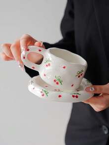 1 Set Floral Ceramic Coffee Cup & Saucer Set, Large Capacity Hand-Painted Ceramic Cup With Coaster, Heart/Flower Pattern, Vintage Style Coffee/Afternoon Tea Dinnerware, Suitable For Spring Brunch, Country Gathering, Women, Commercial Use, And Gifting - Multicolor - View 9