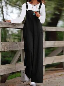 1 条纯色灯芯绒口袋金属纽扣带裤子，适合节日、婚礼、度假、办公室、日常穿着、约会、旅行、秋冬、牛仔风格 - 黑色 - 查看 1