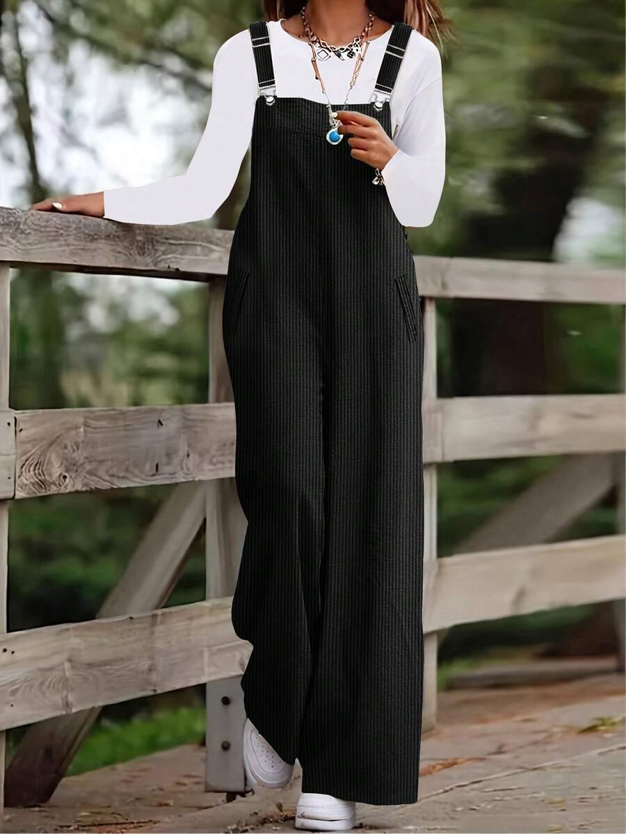 1 条纯色灯芯绒口袋金属纽扣带裤子，适合节日、婚礼、度假、办公室、日常穿着、约会、旅行、秋冬、牛仔风格 - 黑色 - 查看 1