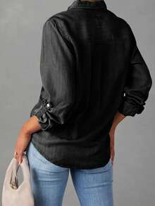 Women Denim Shirts Solid Color Turn Down Collar Long Sleeve Jean Blouses Spring Loose Casual Tops Streetwear Vestidos Casuales - Black - View 5