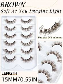 6 对棕色仿貂皮睫毛，带透明带茎，纤细浓密的猫眼睫毛，蓬松自然的假睫毛，透明茎 3D 卷曲，戏剧性全条睫毛延长化妆工具条状睫毛，睫毛，睫毛，假睫毛