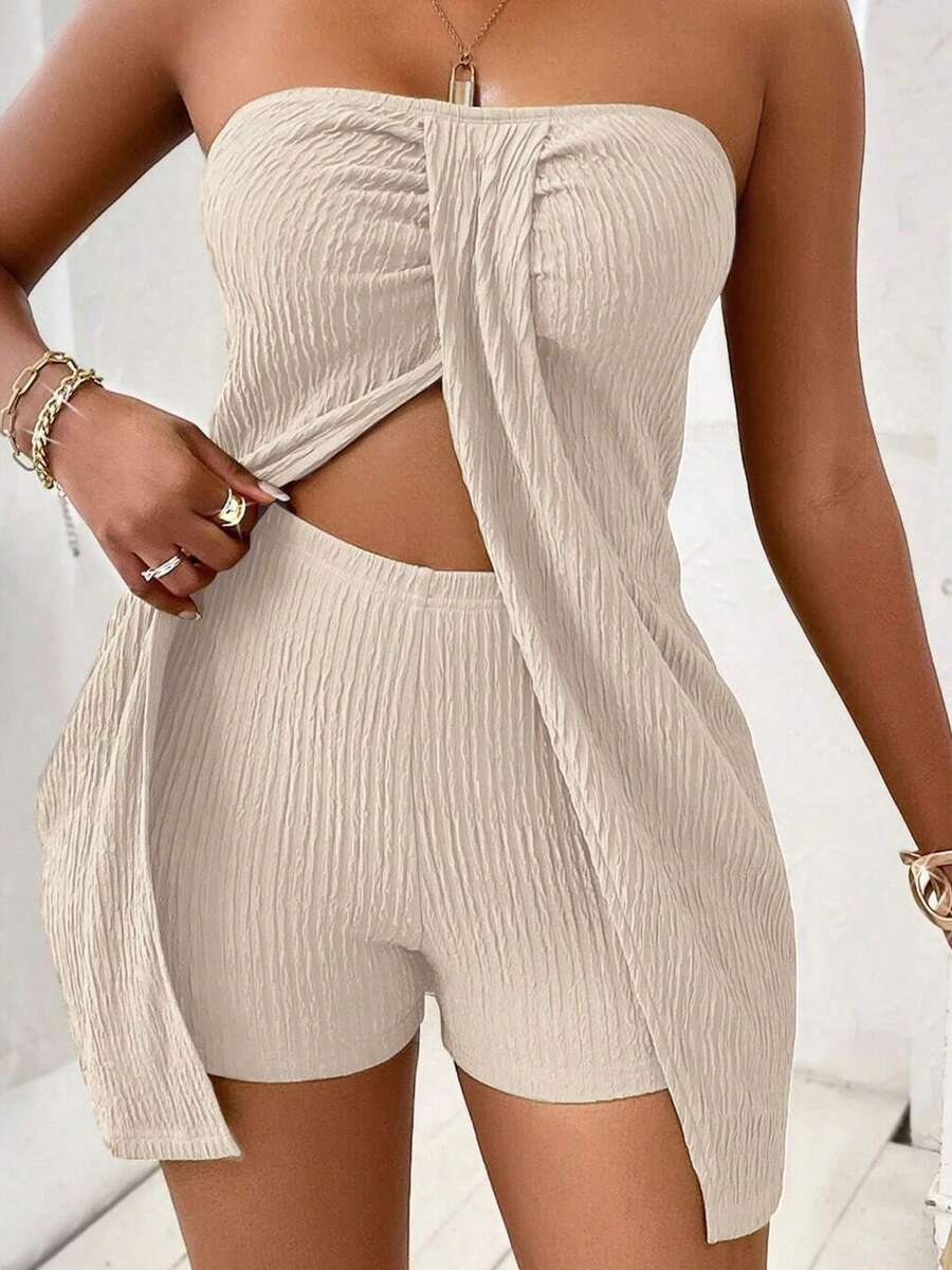 Women's Summer 2 Pieces Outfits Front Slit Strapless Sleeveless Tube Tops And Shorts Set For Casual Wear