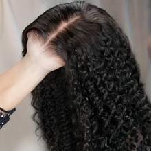 深卷高清200%密度蕾丝前额假发，无需胶水，13x4真人发蕾丝闭合假发 - Jerry Curly 预熨烫、预剪裁、预拉直，原生人发混纺蕾丝前额假发，带婴儿发，无需胶水，无需技巧，适合女性日常佩戴，混纺发假发，无需胶水，不易打结，佩戴即自然，黑色 - 自然色&黑色系 - 查看 7