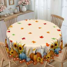 1pc Autumn Thanksgiving Tablecloth, Harvest Theme Printed Dining Table Cover With Pumpkin, Sunflower, Maple Leaf Elements, Polyester Fabric With Lace Trim, Rectangular And Round Sizes, Suitable For Indoor And Outdoor - Farmhouse Kitchen Dining Room Decor, Thanksgiving Holiday Gift, Durable Machine Washable Home Tablecloth
