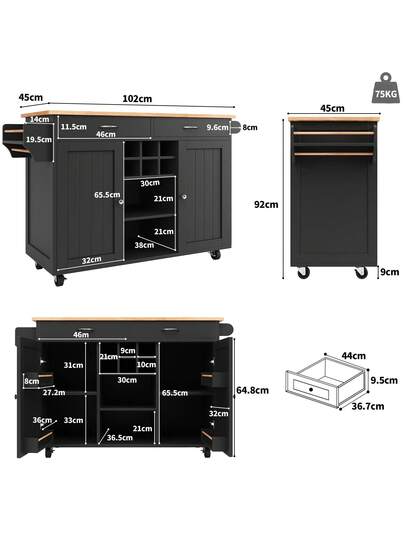 Sairedel Moderne Kitchen Isl Dining Tafel (102x45x92 Cm) Multifunctional Cabinet Sideboard Wood Grain Black, Large Storage Space view 4