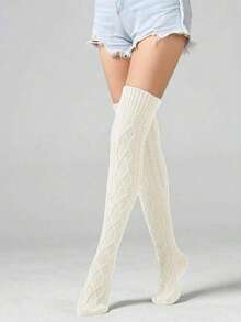 女士针织过膝长筒袜，加长冬季保暖腿套 - 白色 - 查看 1
