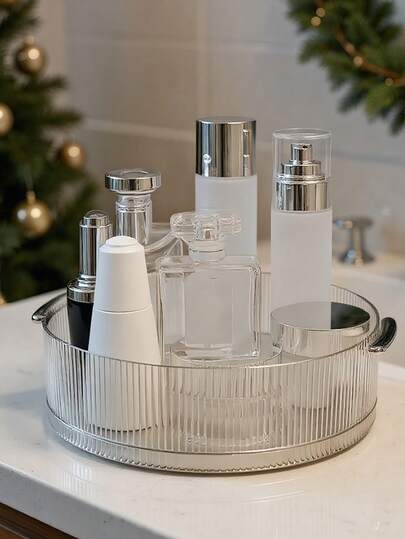 1pc Lazy Susan Rotating Tray | Luxury Fashion 360 ° Rotating Storage Box - With Double Handles | Transparent PET Material - Men's And Women's Fashion Perfume Rack | Transparent Makeup Organizer - Beauty Storage And Sorting | Jewelry Storage Bracket - Round Jewelry Box | Bathroom Accessories - Dressing Table Display Rack | Kitchen Spice Rack/Fruit Tray | Desktop Decoration/Room Decoration/Home Decoration | Halloween/Christmas Decorative Gifts