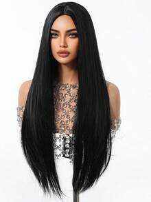 Temperament 26-Inch Mid-Section Black Long Straight Synthetic Heat-Resistant Fiber Wednesday Wig Women's Wig Perfect For Holiday Party Daily Wear - Black - View 4