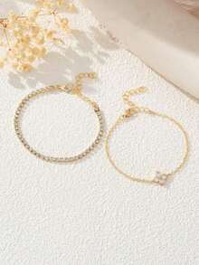 2pcs Cubic Zirconia Flower Beaded Bracelet With Chain Double Layer Bracelet Set, Suitable Women Daily, Date, Party, Social Occasion 1OZL - Vàng - Xem 3