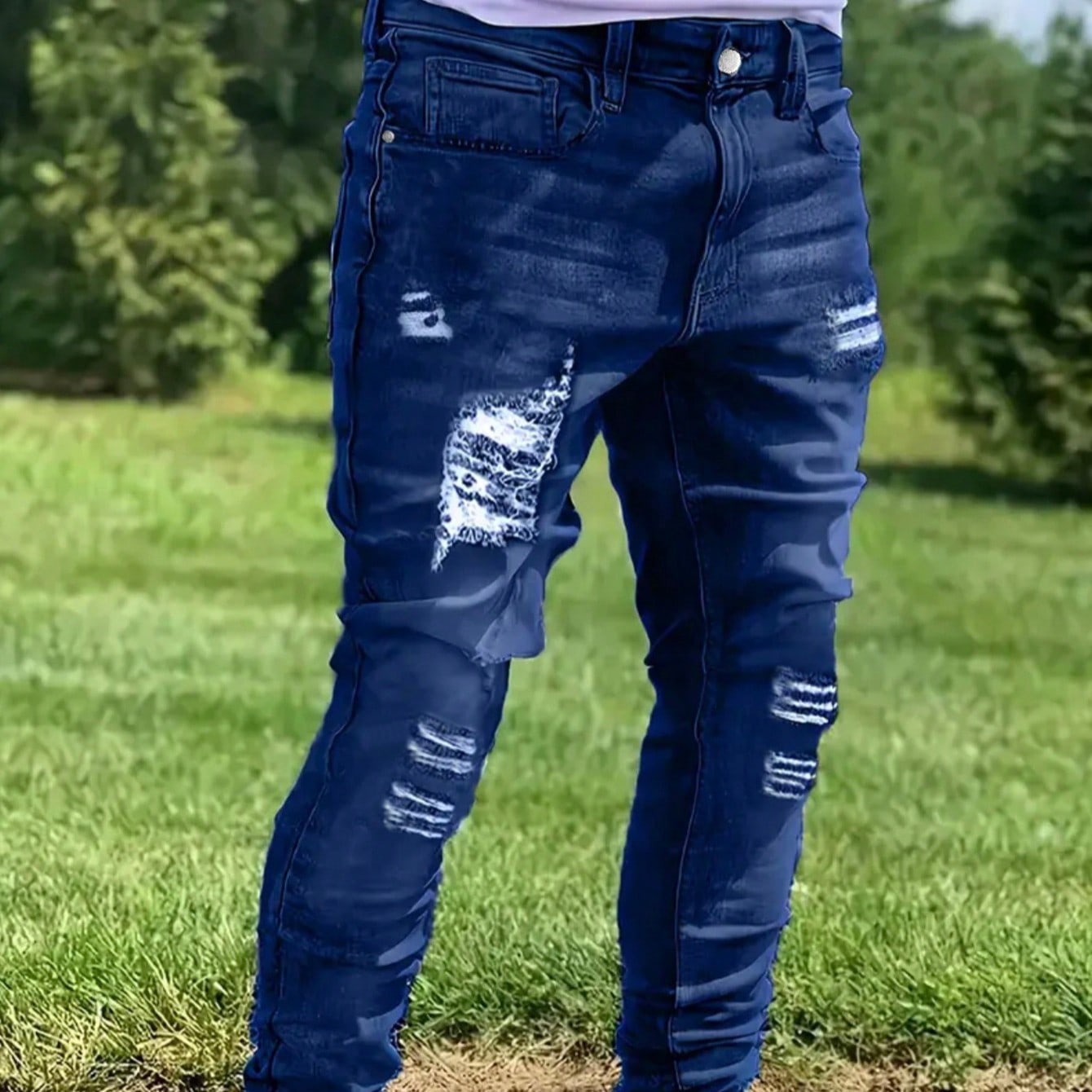 Pieza Jeans ajustados desgastados para hombre, pantalones cargo casuales elásticos y transpirables con bolsillos, unicolor adecuado para caminar por