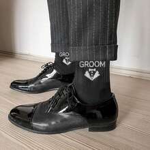 Bộ 5 đôi tất đen in chữ và họa tiết cho nam, làm từ vải dệt kim Polyester và Nylon, dày dặn, phù hợp cho phù rể, chú rể, cha chú rể trong tiệc cưới, mùa thu - màu đen - Xem 4