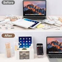 Desk Organizer With 2 Drawer, Plastic Desktop Pen Pencil Card Holder Storage Box For Files, Stationeries, Makeups, Lipsticks, Brushes, Lotions, Eye Shadows, Nail Polishes And Jewelries, For Desk, Bathroom, Vanity, For Valentine's Day Christmas Exquisite Small Gifts - 白色 - 查看 5