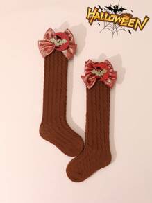 1 双女孩简约万圣节趣味卡通装饰踝袜，闪亮蝴蝶结点缀纯色罗纹及膝袜，四季皆宜 - 彩色 - 查看 13