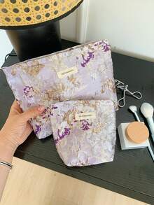 1 件紫色压花花卉图案大容量化妆包，女士化妆包，化妆品收纳包手提包沐浴淋浴钱包袋便携式化妆品刷收纳包带拉链封口，可装口红、刷子、护肤品、手机、硬币、小物件，适合家庭、旅行、度假和学校使用，化妆包化妆袋，可作为婚礼伴娘礼物、妈妈礼物、生日礼物、送给朋友和老师的礼物 - 彩色 - 查看 2