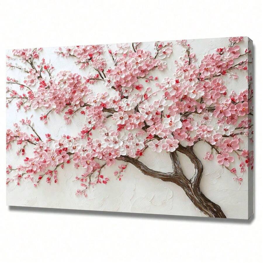 1pc Elegant Pink Cherry Blossom Textured Canvas Wall Art, Modern Floral Tree Painting Print For Living Room Bedroom Decor, Beautiful Spring Nature Botanical Artwork Accent, Stretched Gallery Wrap Home Decoration. - 彩色 - 查看 1