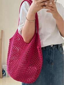 Túi dệt bằng sợi cotton dung tích lớn, túi đan rơm khoét rỗng kiểu mới, túi đeo vai đơn giản, túi đi biển du lịch, túi nữ. - Nhiều màu - Xem 3