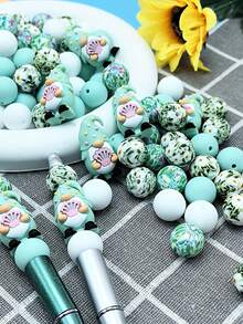 25 件硅胶珠组合 - 粉彩海滩侏儒和花卉设计工艺珠，适用于珠宝制作、DIY 手链、项链、钥匙扣 - 耐用光滑质地珠子，带有贝壳和雏菊图案，异想天开的手工工艺品用品，珠宝制作配件，钥匙扣配件，俏皮珠子设计 - 彩色 - 查看 3