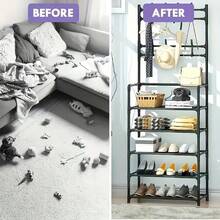 Coat Rack With 5 Multifunctional Metal Hooks And 8 Double Hooks - Space-Saving Storage Solution For Entryways, Living Rooms And Hallways - Separate Shoe Rack Provides Ample Storage Space - 黑色5層 - 查看 2