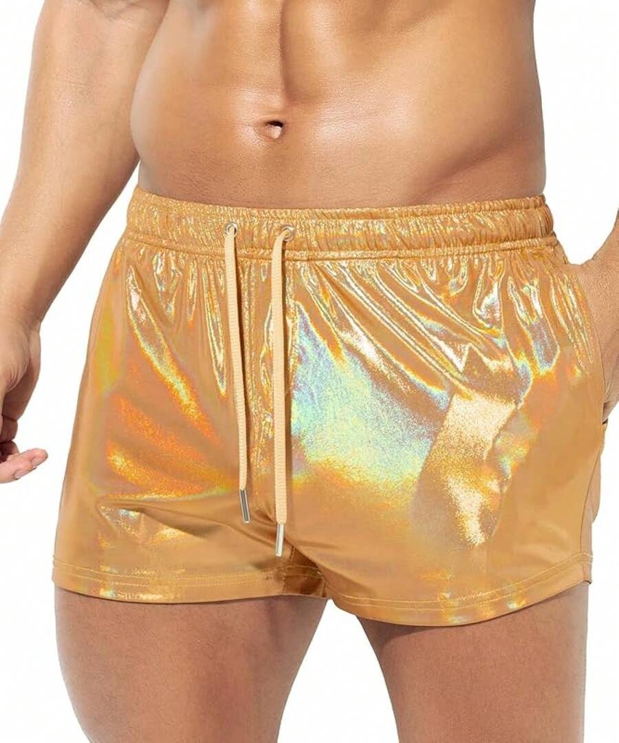 Men's Holographic Metallic Short Sparkly Shiny Short Pants Rave Outfit Hot Shorts With Pockets And Drawstrings - A2-gold-ck3118 - View 1