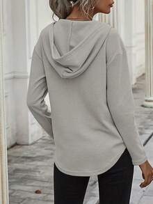 Plus Size Women's Solid Color Drawstring Hooded Sweatshirt, Autumn - Grey - View 3