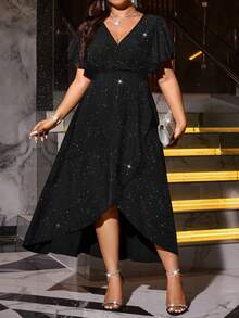 Plus Size V-Neck Elegant Party Dress, Metallic Shiny, Elastic Waist, Flowy Hem, Comfortable & Flattering - Black - View 3