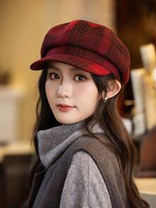 1pc Women's Autumn Beret Hat, Plaid Cloud Pattern, Casual Elegant Street Style Fashion, Versatile For Outdoor, Gathering, Cycling, Travel, Party, Daily Wear, Suitable For Autumn - MM2273 - View 5