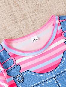 Baby Girl Heart, Rainbow & Unicorn Print Long Sleeve Striped Jumpsuit, Spring/Autumn