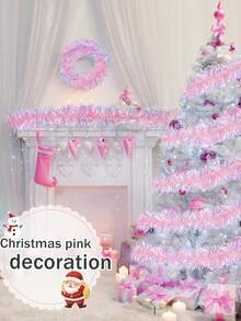 إكليل معلق من الترتر الوردي اللامع، ديكور معدني لشجرة عيد الميلاد، ديكور إكليل معلق للاحتفالات بالأعياد والأعراس وعيد الفصح والمناسبات المنزلية الداخلية والخارجية، ديكور للسلالم والمداخل والمنزل والغرف في فصل الشتاء