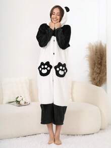 Pijama con capucha de felpa coral con decoración de orejas de panda para mujer, bata gruesa y cálida para otoño/invierno, esponjosa y acogedora - Blanco y Negro - Ver 7