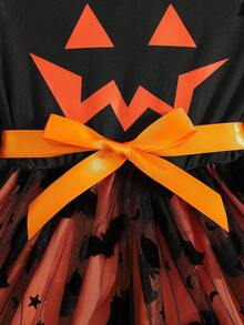 Vestido de Halloween para meninas, saia de malha estilo morcego, estampa gráfica, manga comprida com cinto, ideal para festas ao ar livre - Preto - Ver 5
