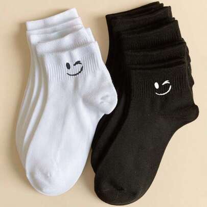 1/10켤레 여성 봄/여름 행복한 얼굴 패턴 발목 양말, 블랙 & 화이트, 부드럽고 편안함, 캐주얼하고 다재다능한 데일리웨어