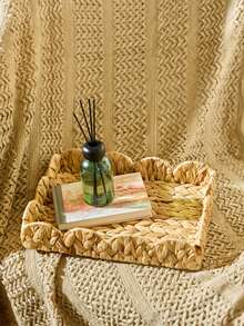 Cirelle 3 chiếc/1 chiếc Giỏ đan thủ công bằng mây, Giỏ đựng đồ hình chữ nhật bằng lục bình có cạnh hình vỏ sò, Khay mây trang trí cho bàn cà phê & đồ trang trí nội thất, Giỏ quà tặng Halloween & Giáng sinh - Màu Khaki - Xem 3