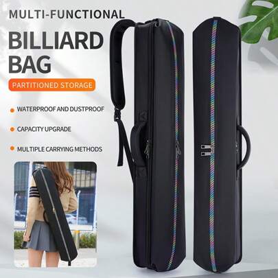 Funda duradera para taco de billar en color negro con múltiples bolsillos, correa de hombro ergonómica, cierre de cremallera y asa reforzada, adecuada para entusiastas y jugadores de billar