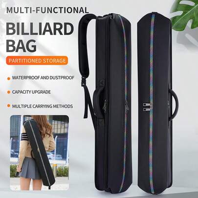 Funda duradera para taco de billar en color negro con múltiples bolsillos, correa de hombro ergonómica, cierre de cremallera y asa reforzada, adecuada para entusiastas y jugadores de billar