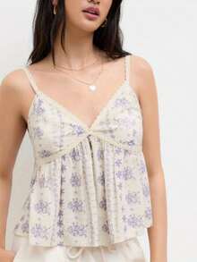 Women's Summer Babydoll Tank Tops Stylish Floral Print Lace Trim Loose Hem V Neck Spaghetti Strap Camisoles - 藍色 - 查看 2