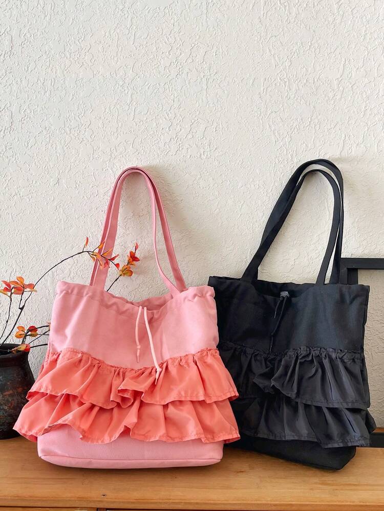 Fairy Style Ruffle Trim Tote Bag, Chiffon Handbag For Women, 2025