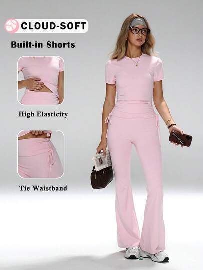 Classic Crew Neck,Waist-Defining Design,Flared Silhouette,Versatile Matching Set,High-Rise Waist With Inner Drawstring,#CasualChic #AllDayComfort #RetroVibes,Basic Workout Set,Tummy Control Yoga Outfit,Double Layer Waist Pants,Flared Leggings Set,Round Neck Slim-Fit Tee & Flared Yoga Pants,Essential Women's 2 Pieces Set