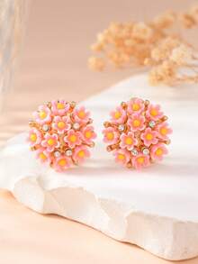 1 pereche de cercei stud cu stras floral delicat, potriviți pentru purtarea zilnică a femeilor