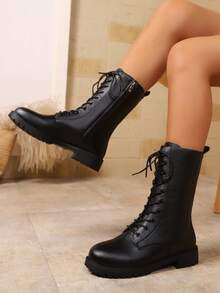 Western Style Lace-Up Metal Eyelet Side Zipper Women's Boots, Flat Vintage Riding Boots, Minimalist Plus Size Mid-Calf Boots - Black - View 2