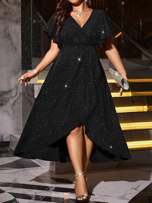 Vestido de festa elegante com decote em V plus size, brilho metálico, cintura elástica, bainha fluida, confortável e elegante