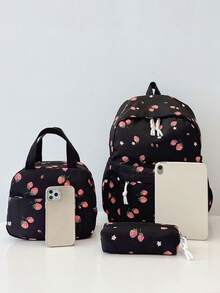 3pcs Backpack Set - Fashionable Large Capacity Backpack + Lunch Bag + Pencil Case, With Laptop Compartment, Strawberry Pattern Backpack, Adjustable Shoulder Straps And Spacious Multi-Pockets - Lightweight Zipper Bags, Suitable For Women/Girls/Students/Teens/Graduates, Perfect For Outdoor/Travel/Middle School/High School/College - Black - View 2