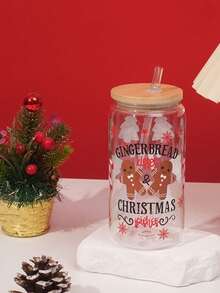 16盎司彩色圣诞图案梅森杯，单层PC梅森瓶配竹盖，475毫升圣诞塑料杯