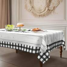 1 pièce Nappe de style vintage Maison douce maison, grain de bois noir et blanc à carreaux, style campagnard, en tissu de polyester, avec bordure en dentelle, rectangulaire et ronde, de tailles variées, convient pour l'intérieur et l'extérieur, décoration de cuisine et de salle à manger de style campagnard, cadeau de fête, nappe de ménage lavable en machine et durable