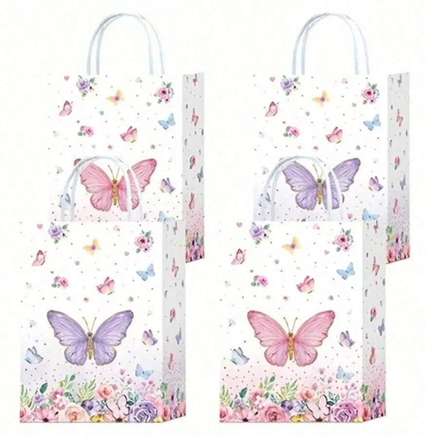 24pcs Gift Bags And Shopping Bags Party Gift Packaging Bag, Butterfly Printing Handbag, Shopping Bag, Birthday Gift, Party Gift, Hand-Held Paper Bag - Multicolor - View 1
