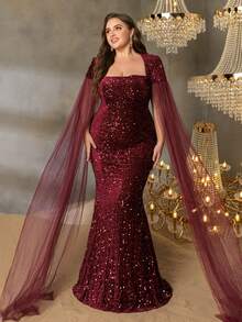 Faeriesty Curve Plus Square Neck Extra-Long Sleeve Sequin Formal Dress -Perfect For Red Carpet Galas, Black-Tie Weddings, Award Ceremonies, Charity Balls, And Luxury Fashion Events - Burgundy - View 8