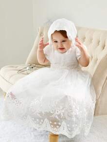 Infant Baby Girls 0-2 Years White Long Christening Dress With Short Sleeve Lace Tulle Skirt And Hat - White - View 2