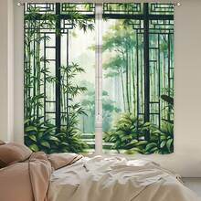 2pcs Bamboo Forest Landscape Curtains, Chinese Ink Painting Pattern, Living Room Bedroom Home Privacy Protection Sun Shade Curtains, Oriental Zen Style Decoration - Nhiều màu - Xem 5